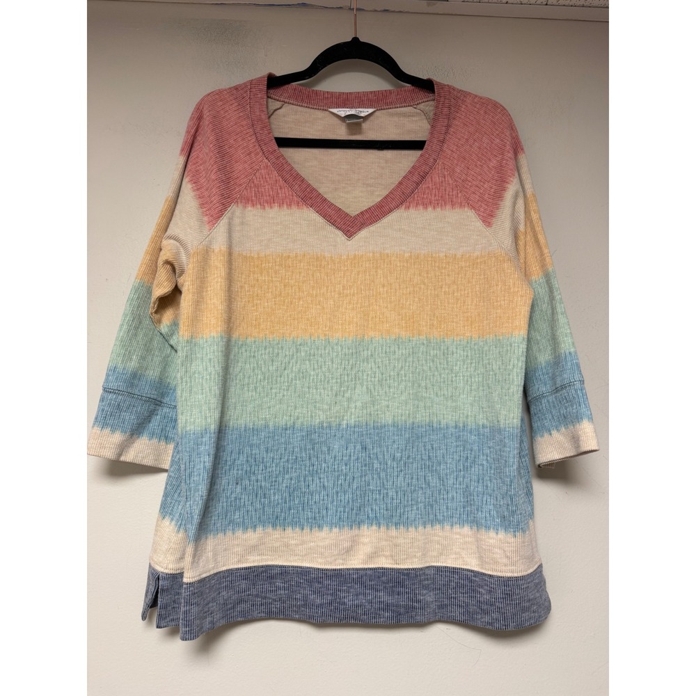 Christopher & Banks Petite Rainbow Striped V-Neck 3/4 Sleeve Knit Top P/L 8293